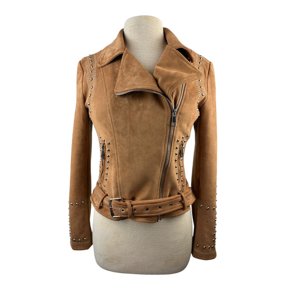 BKE Faux Suede Studded Stretch Asymmetrical Zip Moto Jacket Chestnut Brown Small - Picture 10 of 13